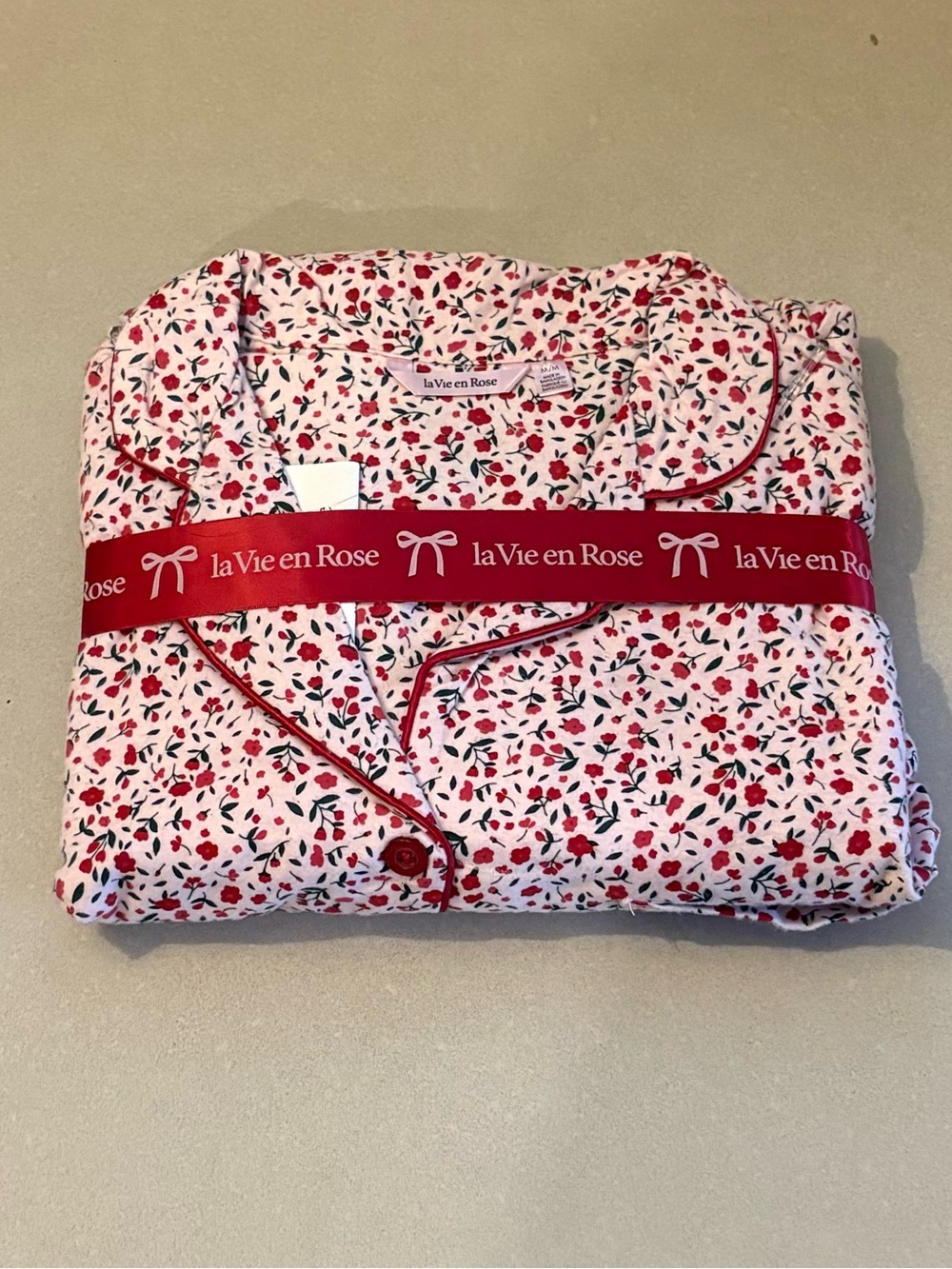 La Vie En Rose Red and White Floral Cotton Pajama Set with Contrast Piping